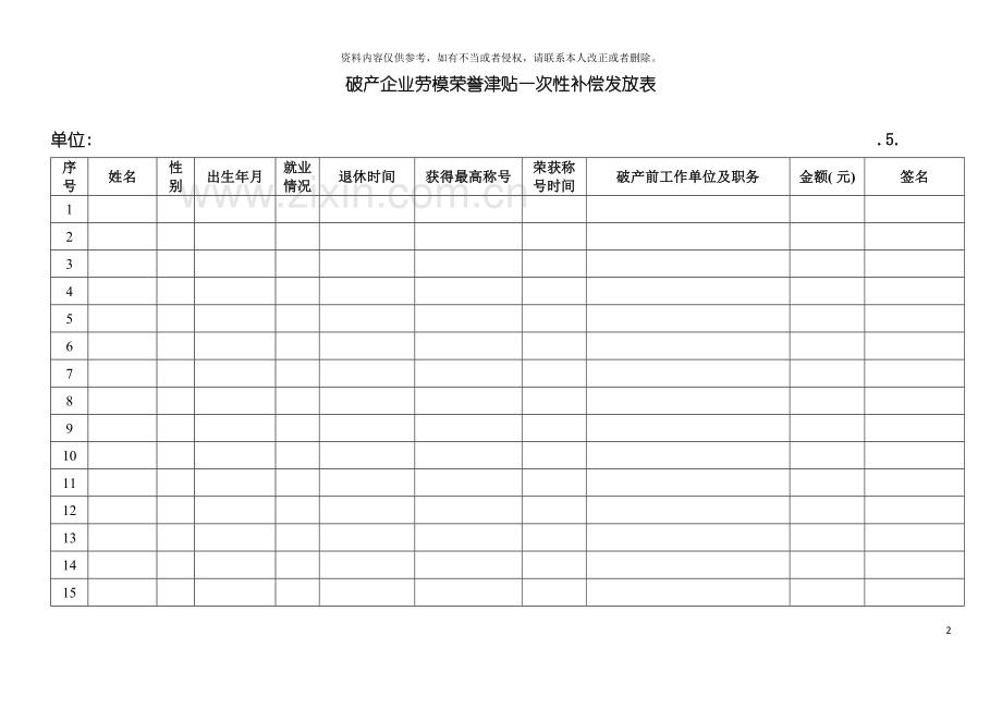 破产企业劳模荣誉津贴一次性补偿发放表模板.doc_第2页