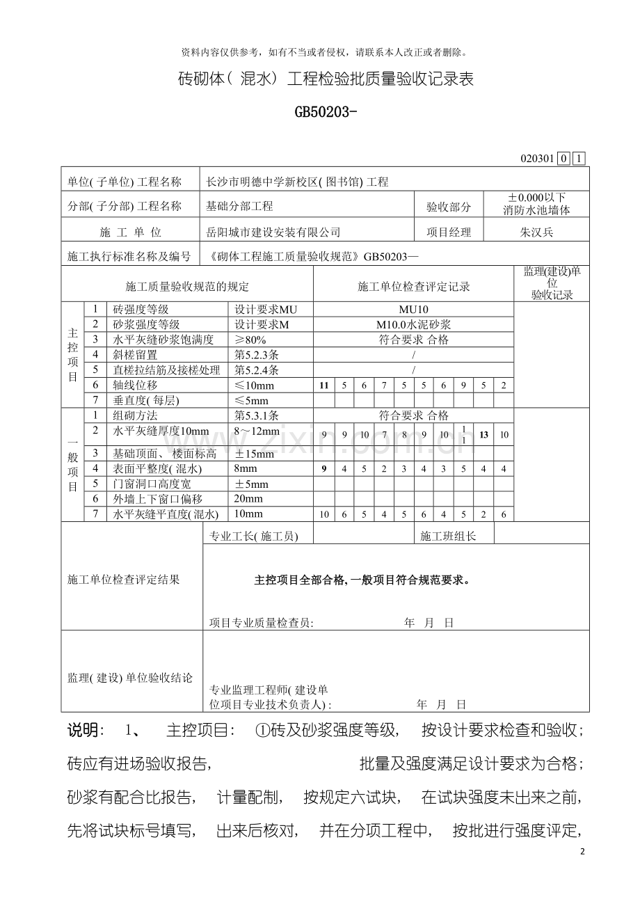 砌体混水工程检验批质量验收记录表模板.doc_第2页