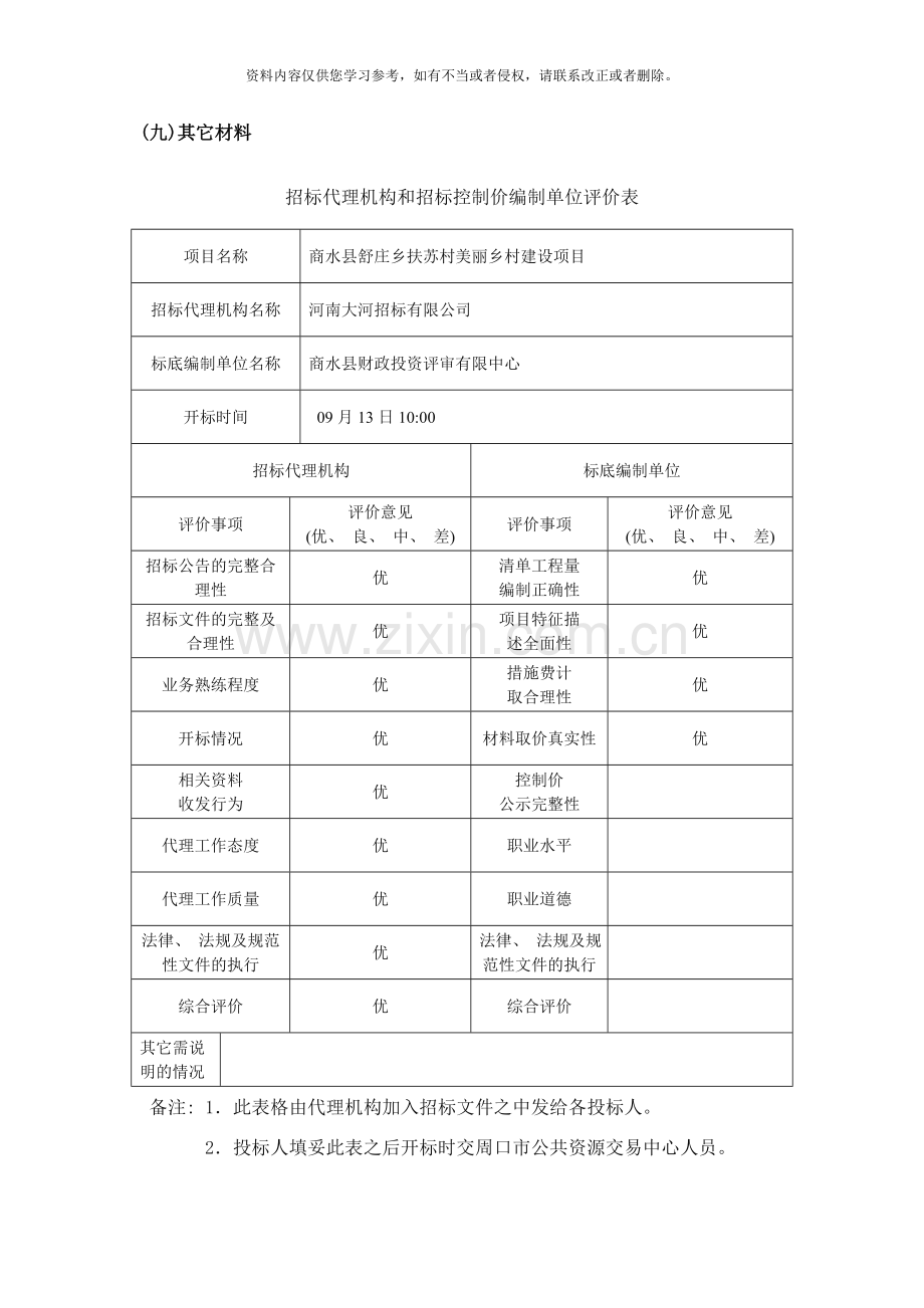 商水县舒庄乡扶苏村美丽乡村建设项目招标代理机构和招标控制价编制单位评价表样本.doc_第1页