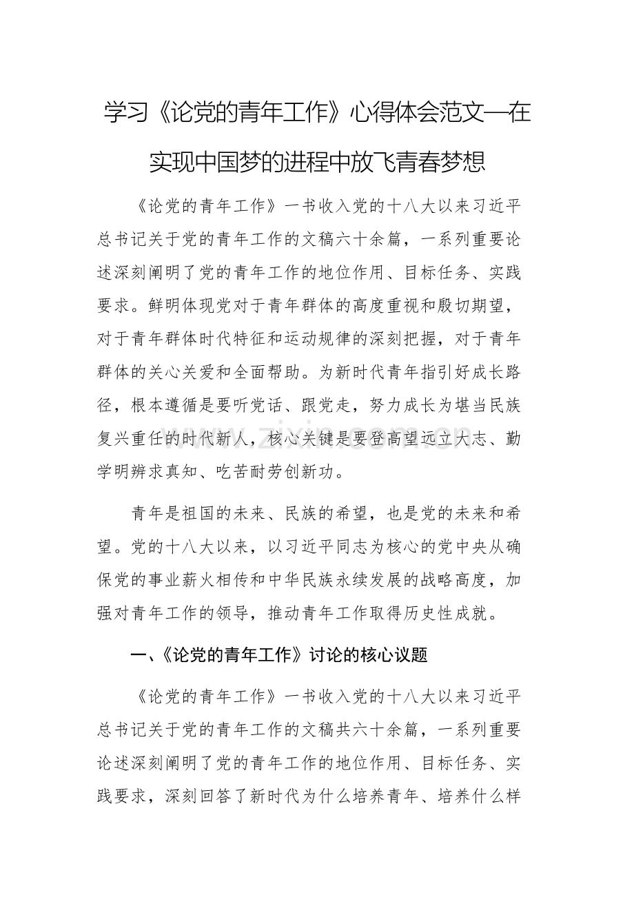 学习《论党的青年工作》心得体会范文—在实现中国梦的进程中放飞青春梦想.docx_第1页