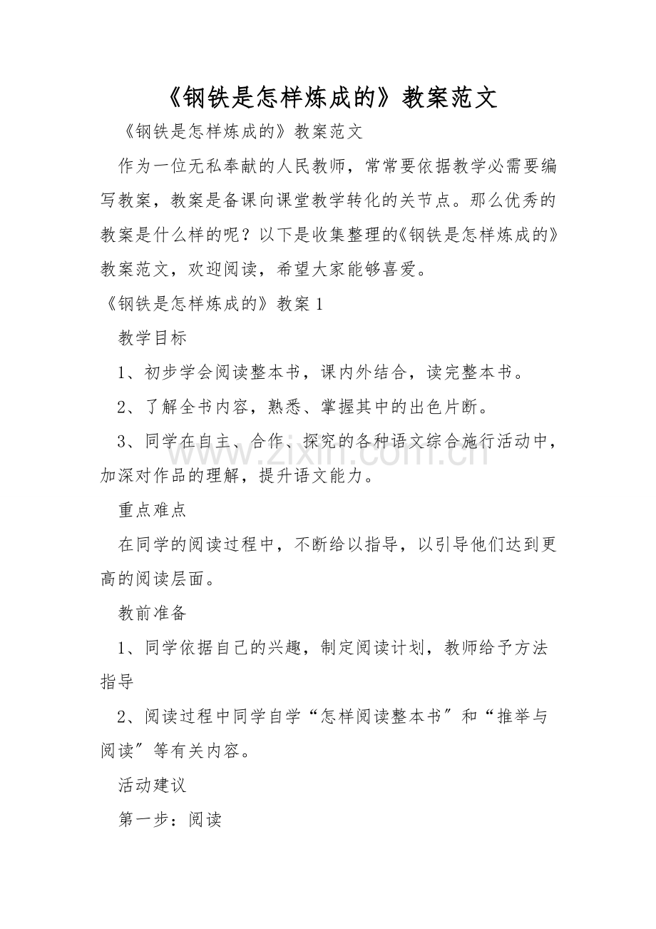 《钢铁是怎样炼成的》教案范文.doc_第1页