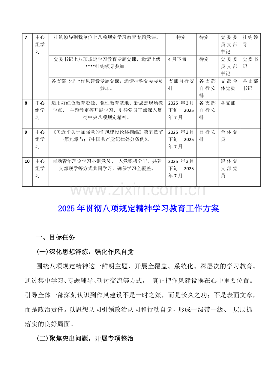 2025年深入贯彻八项规定精神学习教育学习计划表｛附：教育工作方案｝.docx_第2页
