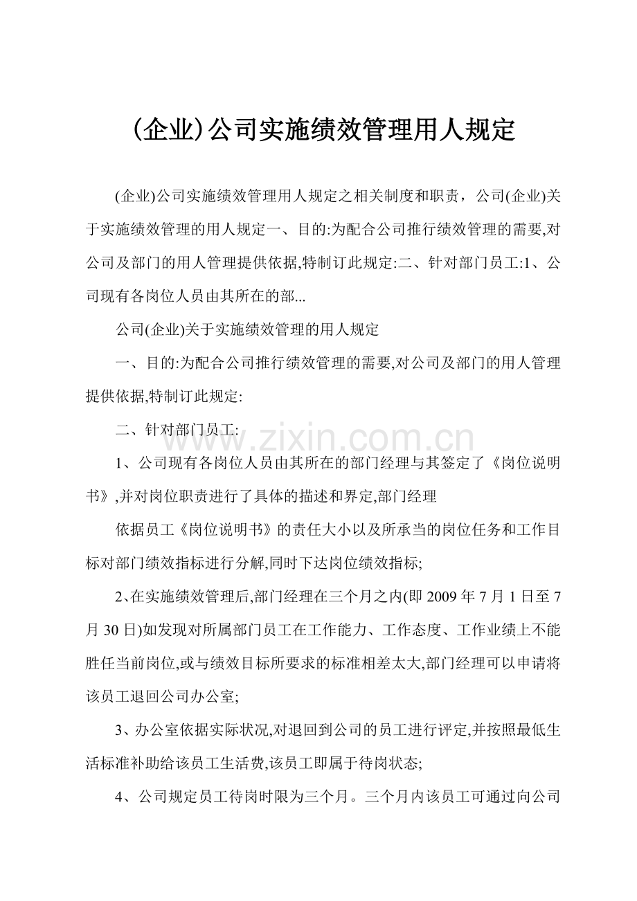 (企业)公司实施绩效管理用人规定.docx_第1页