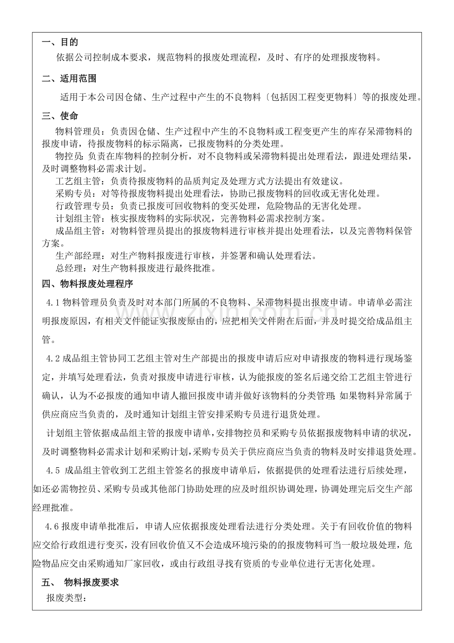生产物料报废管理规定-物料报废处理程序(含报废申请单).doc_第1页