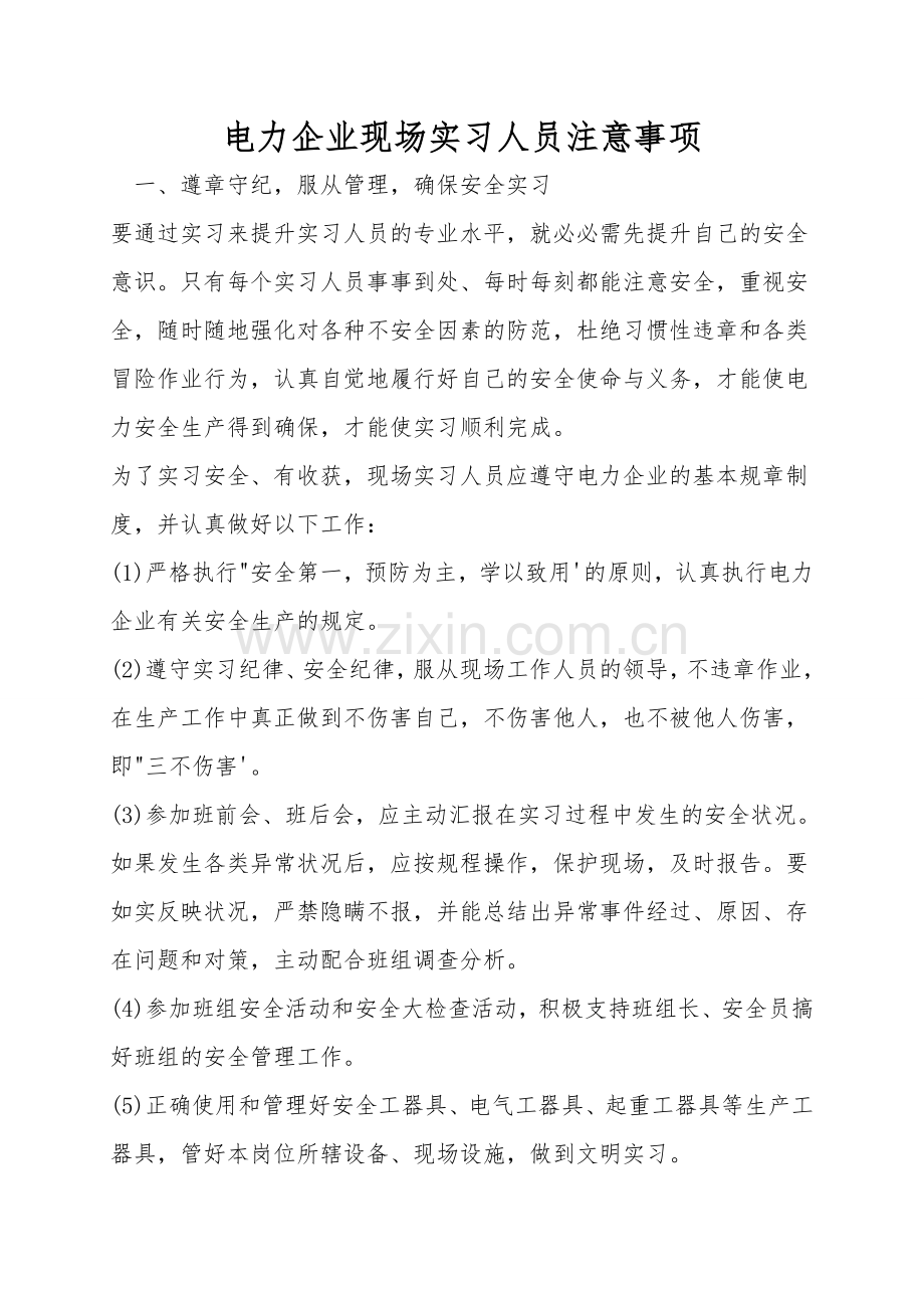 电力企业现场实习人员注意事项.doc_第1页