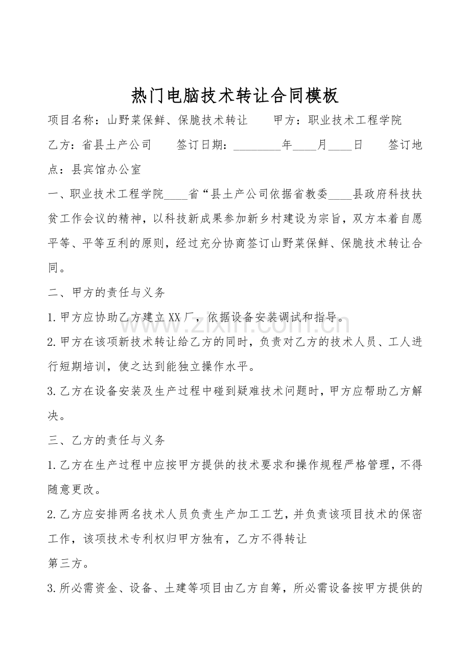 热门电脑技术转让合同模板.doc_第1页