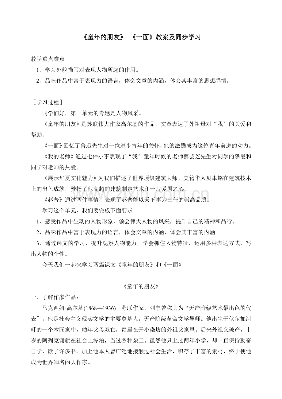 苏教版《童年的朋友》《一面》教案及同步练习.doc_第1页