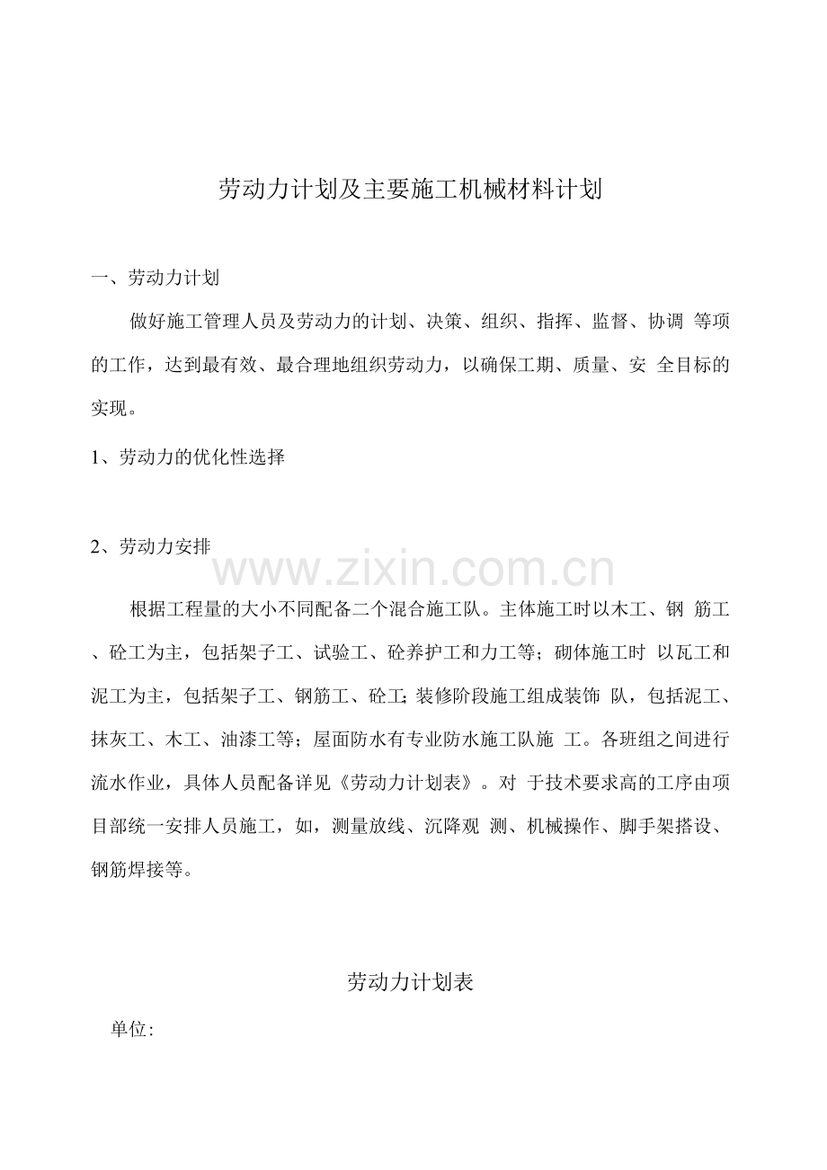 加气混凝土砌块住宅楼施工劳动力计划及主要施工机械材料计划.docx_第1页