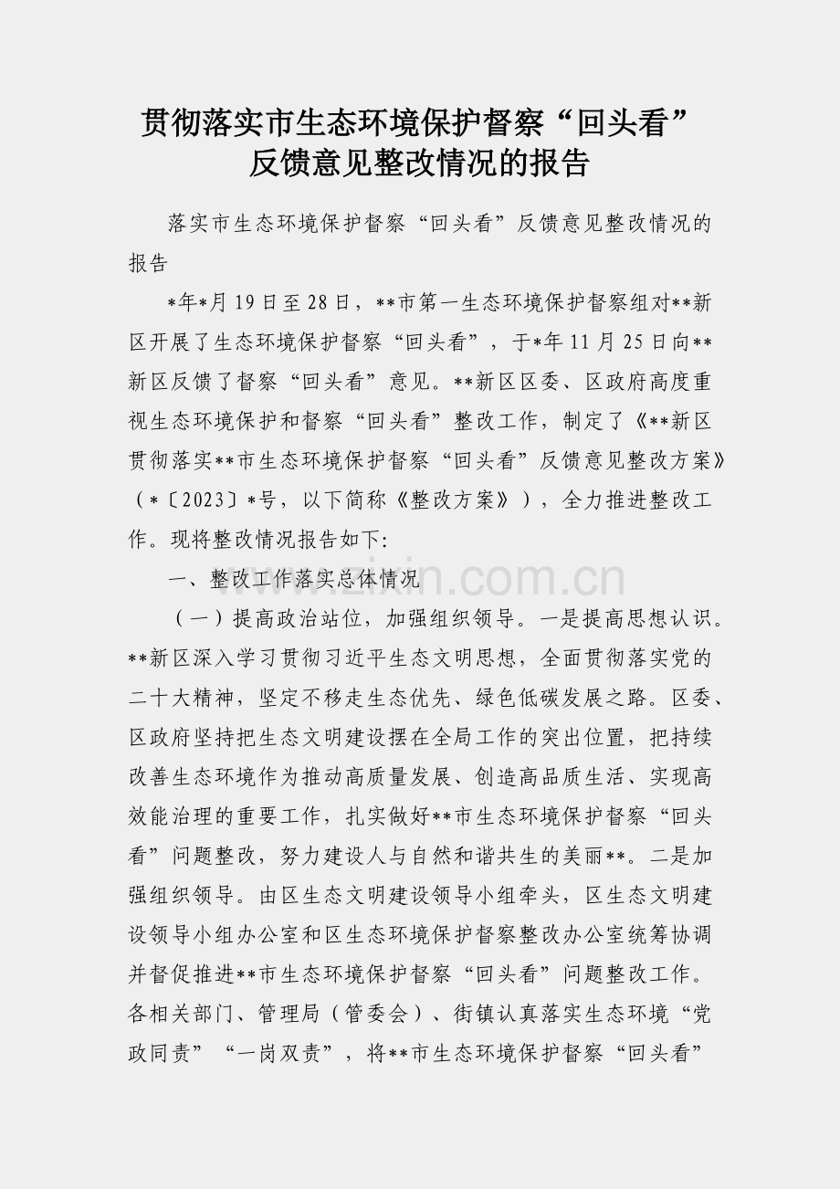 贯彻落实市生态环境保护督察“回头看”反馈意见整改情况的报告.docx_第1页