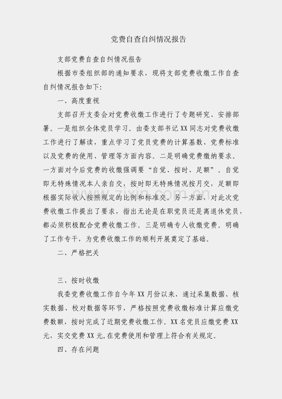 党支部党费自查自纠情况报告.docx_第1页