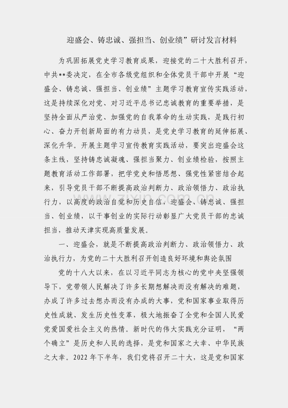 “迎盛会、铸忠诚、强担当、创业绩”研讨发言材料.docx_第1页