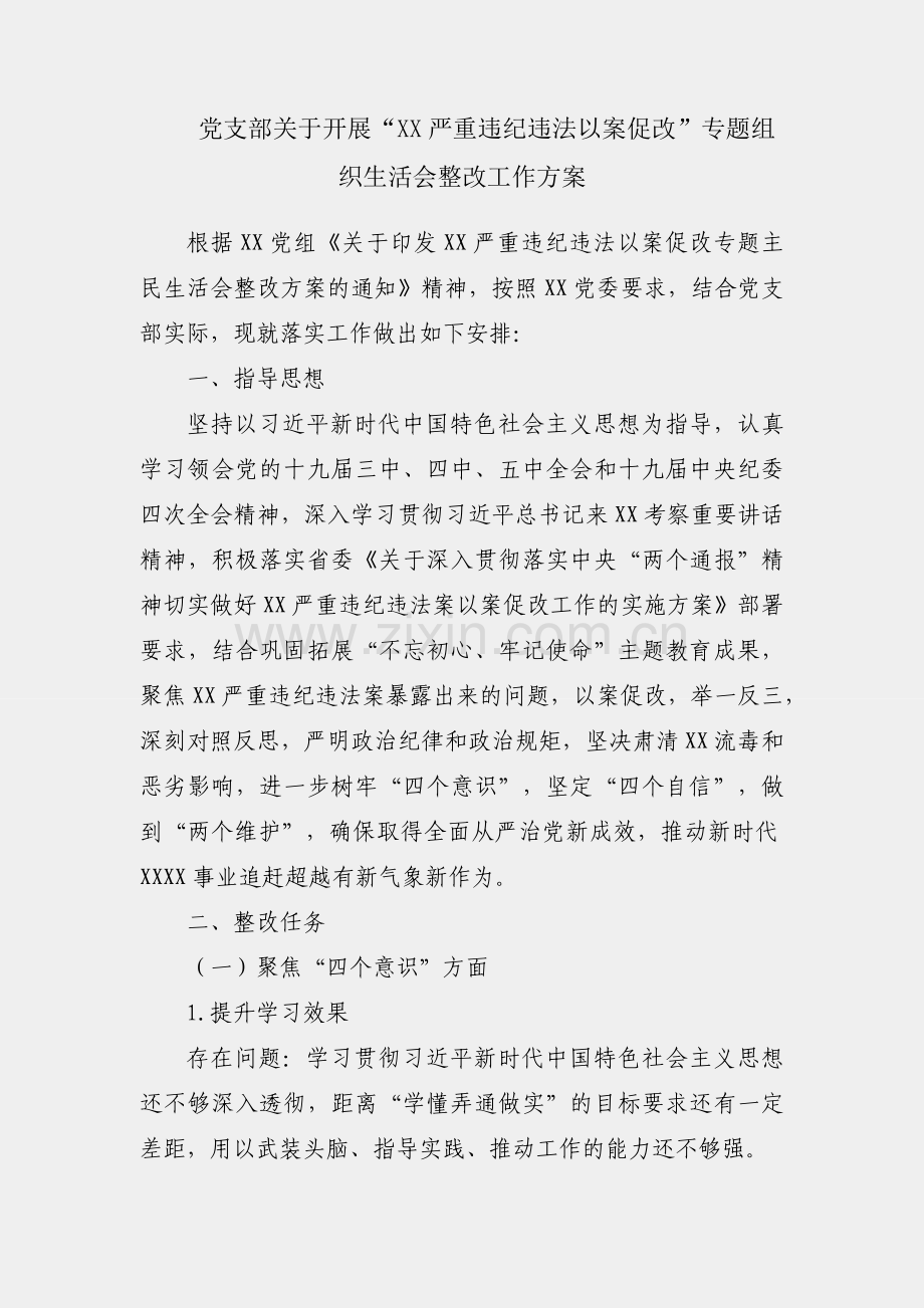XX党支部关于开展“XX严重违纪违法以案促改”专题组织生活会整改工作方案.docx_第1页