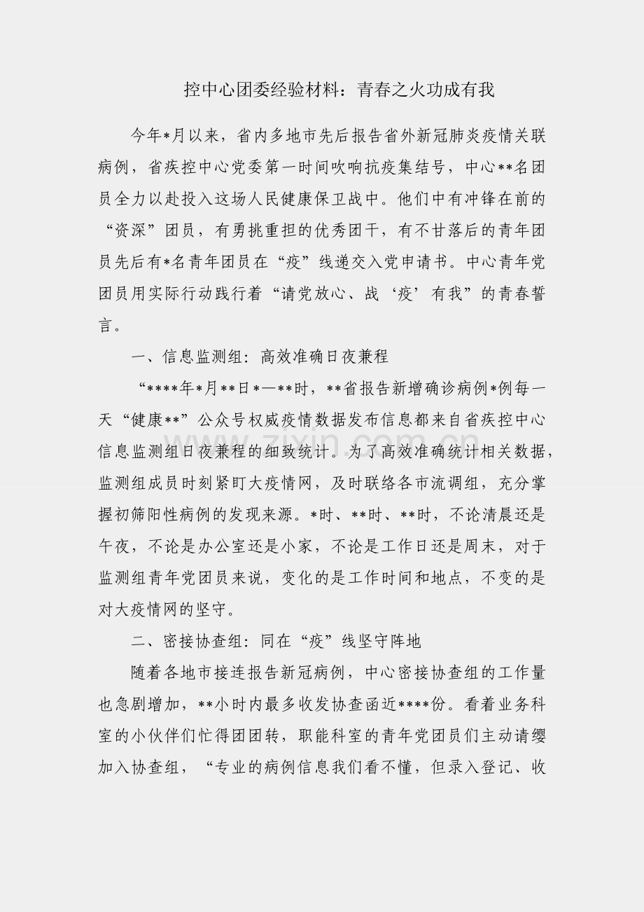 疾控中心团委经验材料：青春之火功成有我.docx_第1页