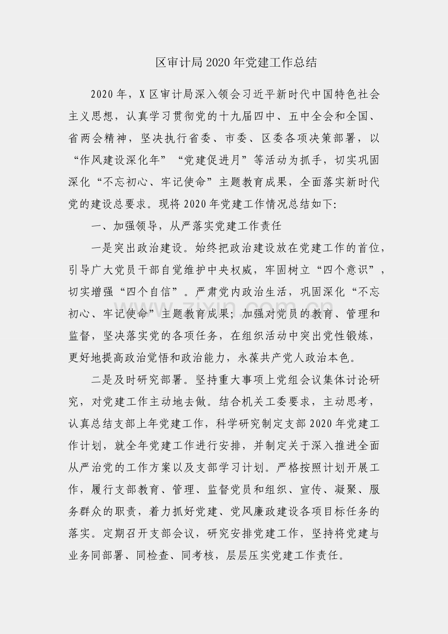 X区审计局2020年党建工作总结.docx_第1页