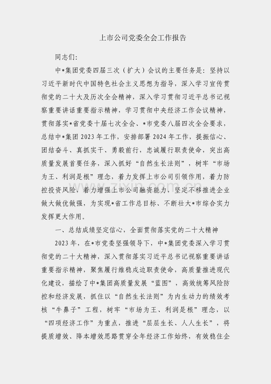 国有上市公司党委全会工作报告.docx_第1页