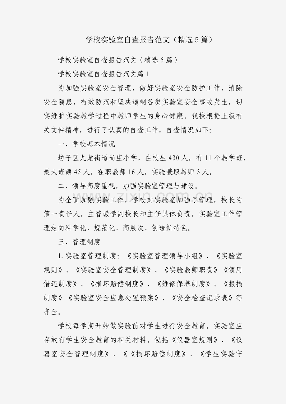 学校实验室自查报告范文（5篇）.docx_第1页