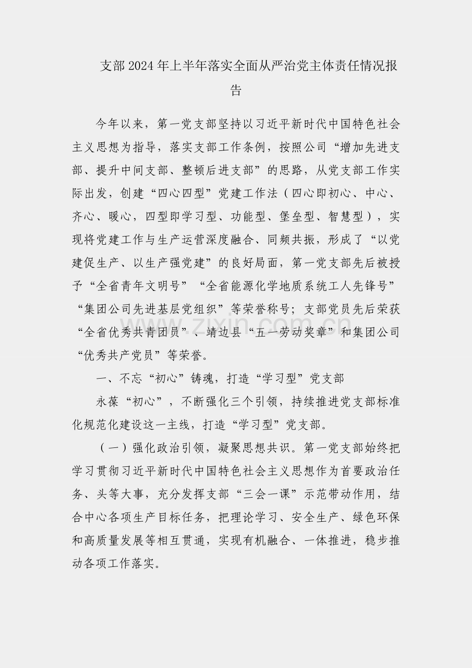 某支部2024年上半年落实全面从严治党主体责任情况报告.docx_第1页