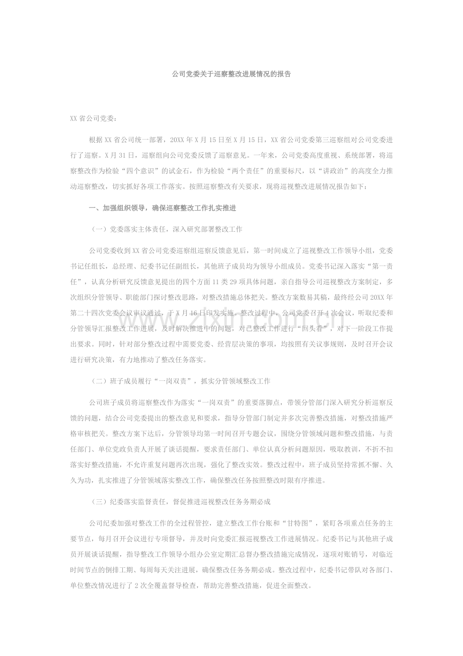 公司党委关于巡察整改进展情况的报告.docx_第1页