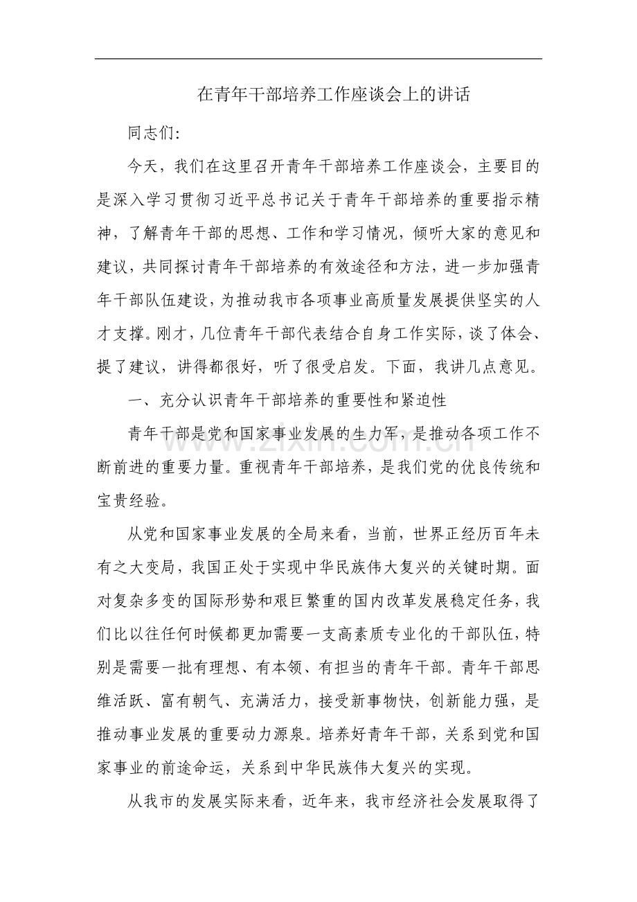 在青年干部培养工作座谈会上的讲话.docx_第1页