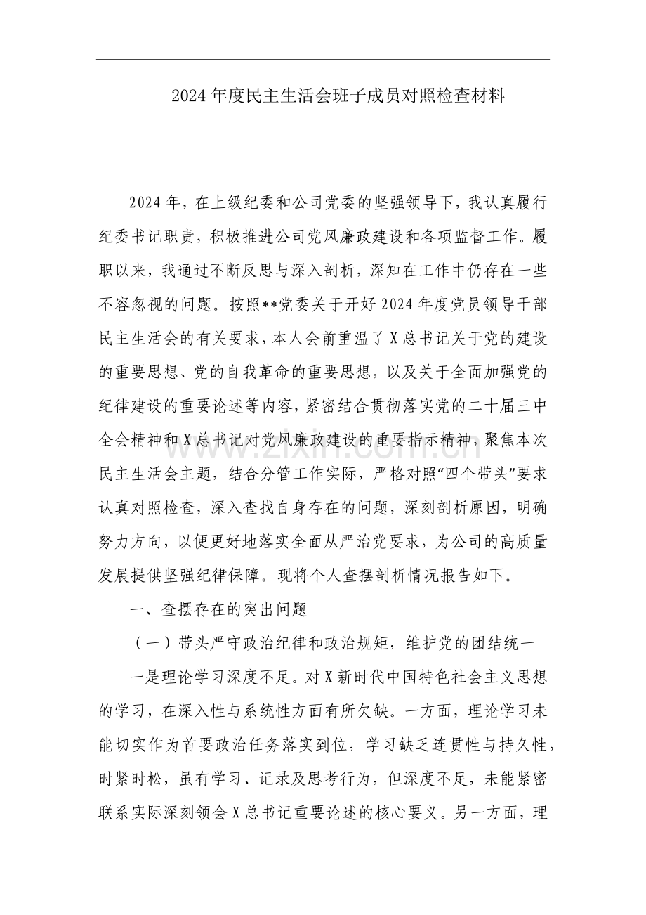 2024年度民主生活会班子成员对照检查材料.docx_第1页