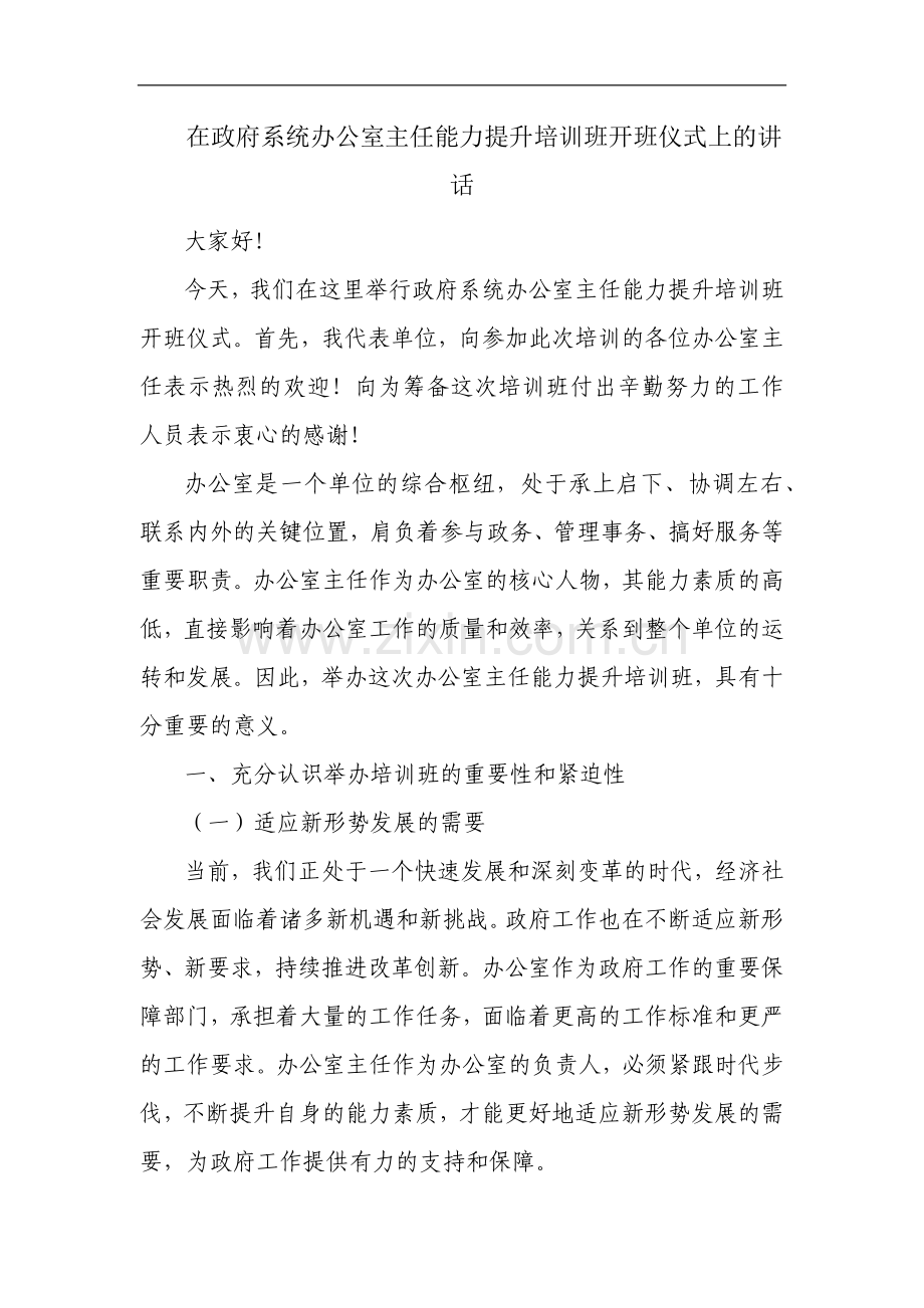 在政府系统办公室主任能力提升培训班开班仪式上的讲话.docx_第1页