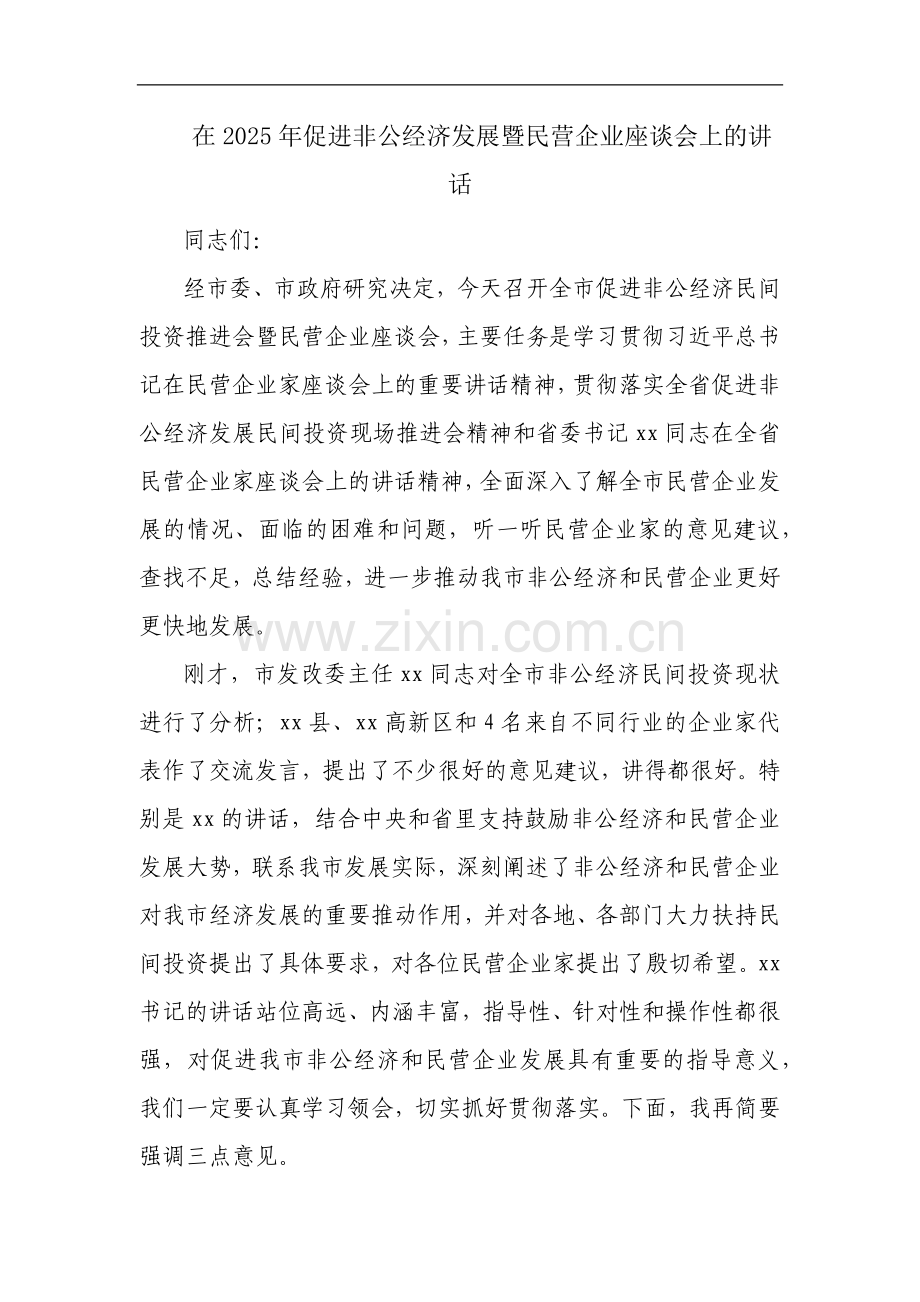 在2025年促进非公经济发展暨民营企业座谈会上的讲话.docx_第1页