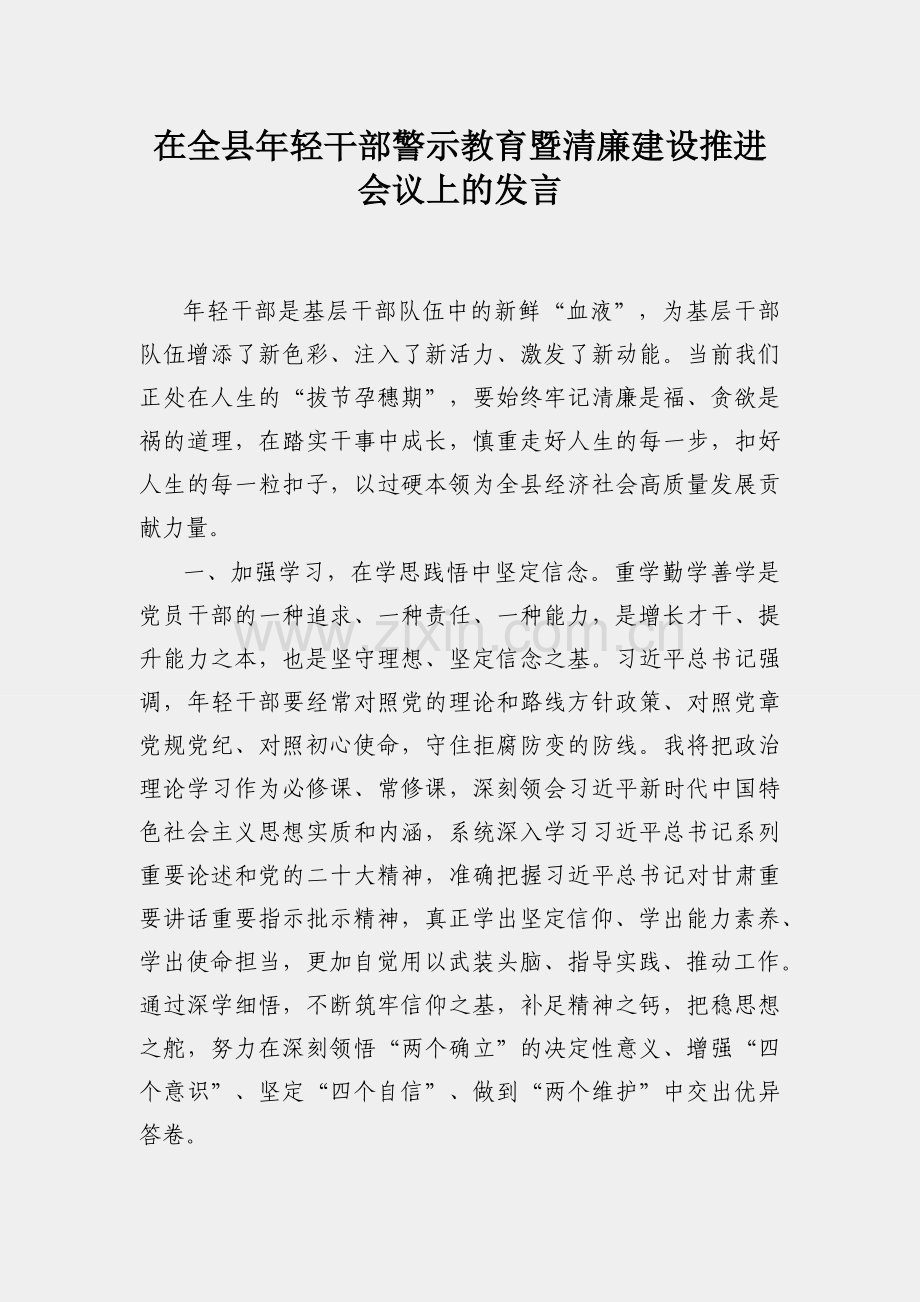 在全县年轻干部警示教育暨清廉建设推进会议上的发言.docx_第1页