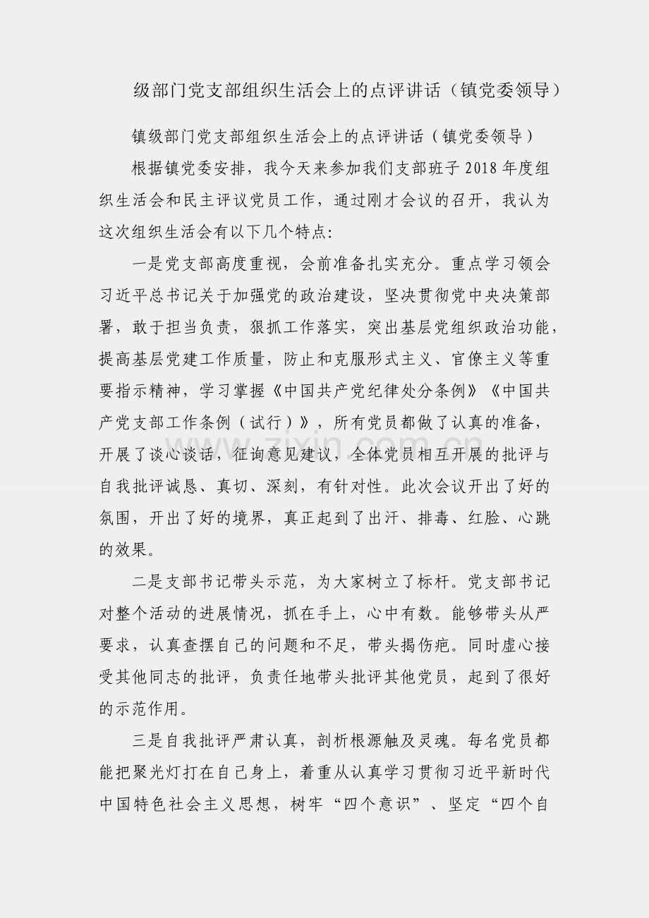 镇级部门党支部组织生活会上的点评讲话（镇党委领导）.docx_第1页
