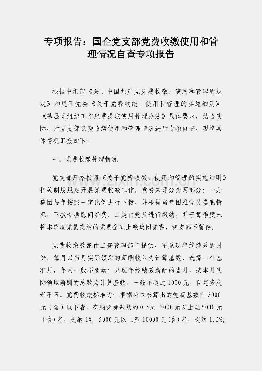专项报告：国企党支部党费收缴使用和管理情况自查专项报告.docx_第1页