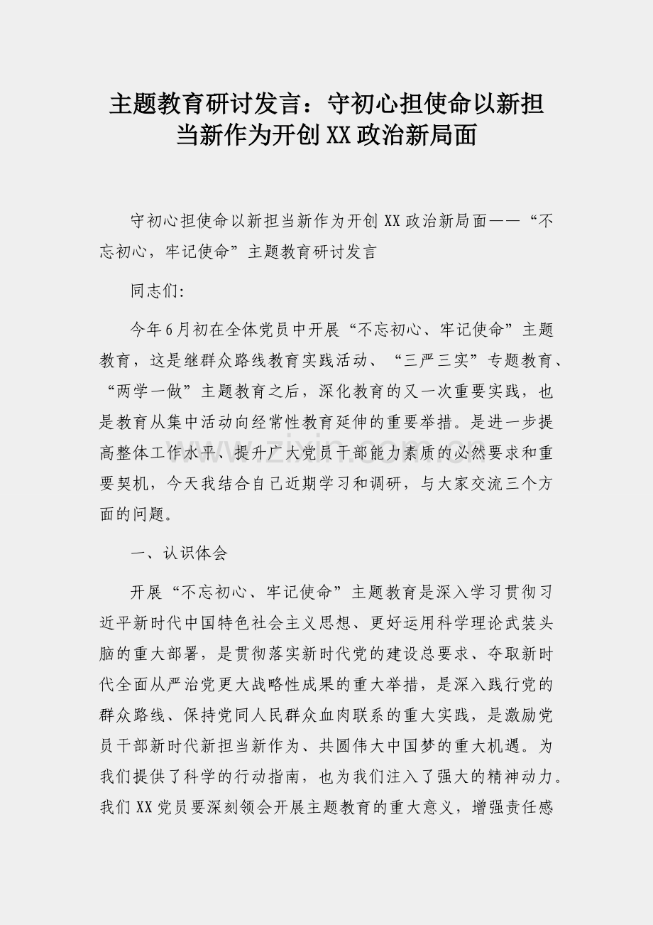 主题教育研讨发言：守初心担使命以新担当新作为开创XX政治新局面.docx_第1页