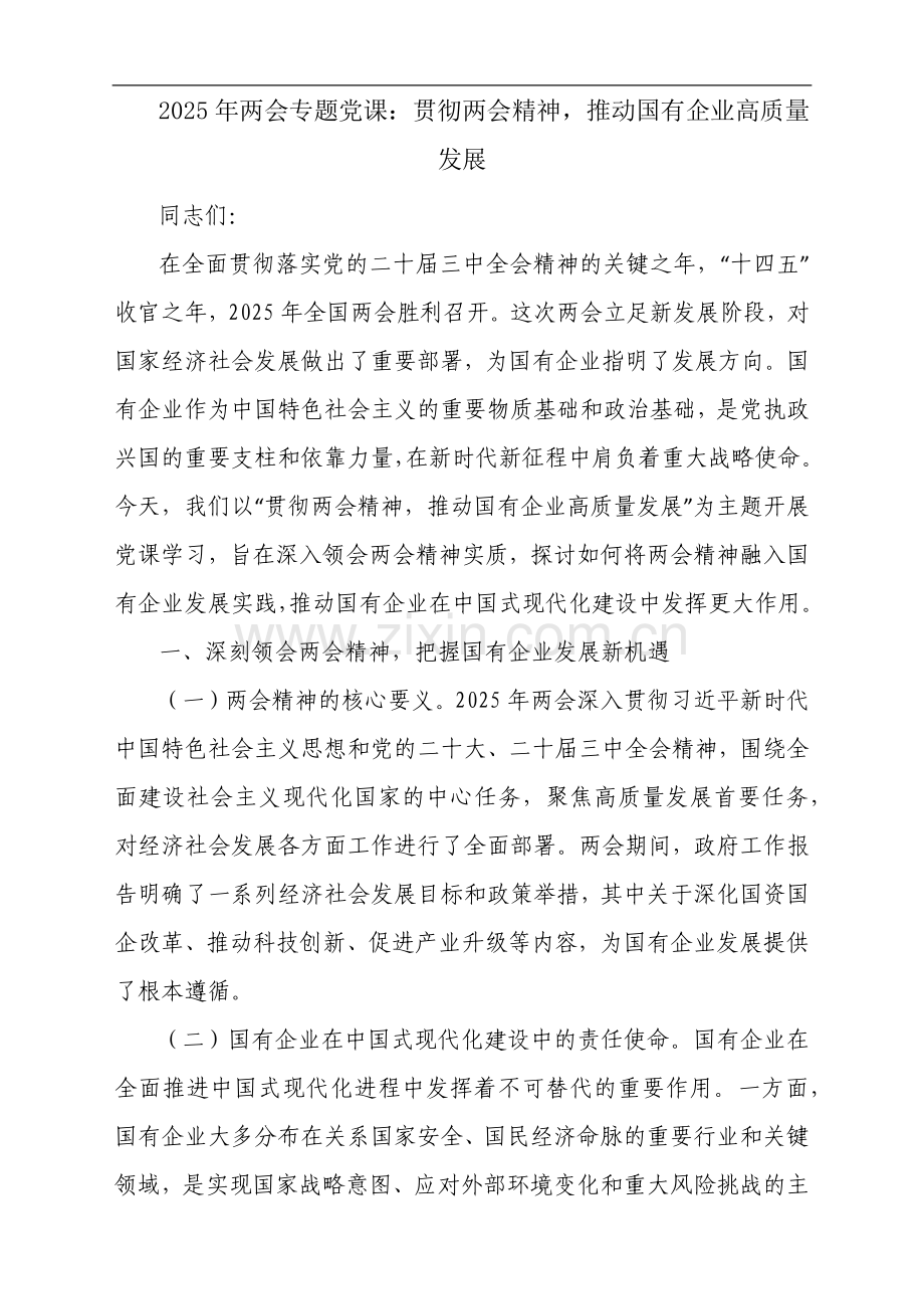 2025年两会专题党课：贯彻两会精神推动国有企业高质量发展.docx_第1页