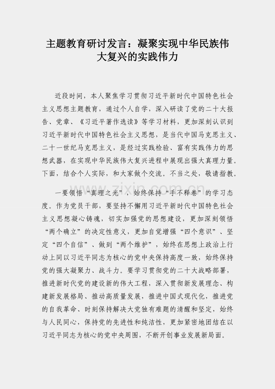 主题教育研讨发言：凝聚实现中华民族伟大复兴的实践伟力.docx_第1页