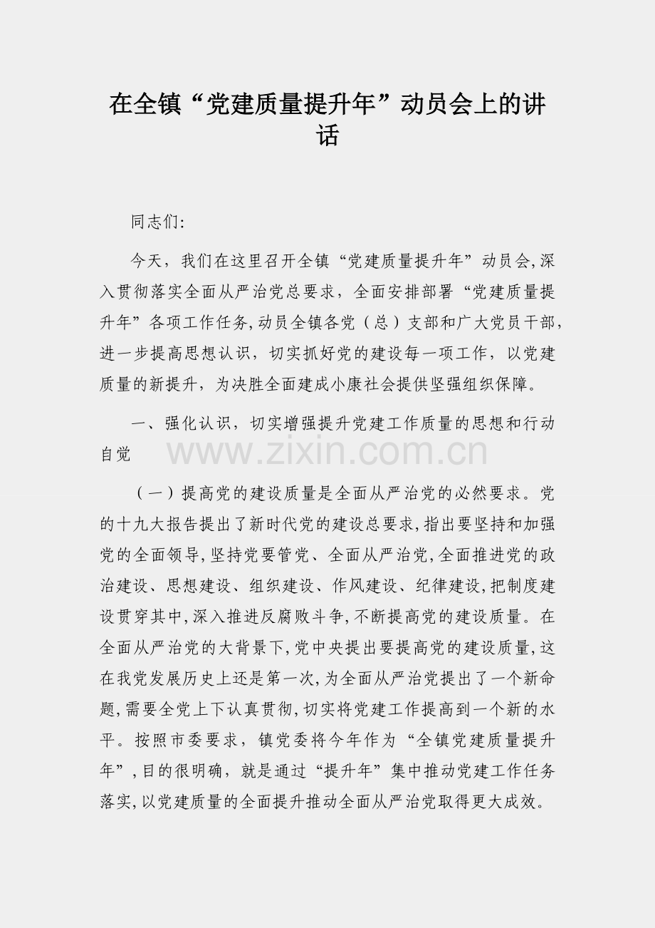 在全镇“党建质量提升年”动员会上的讲话.docx_第1页