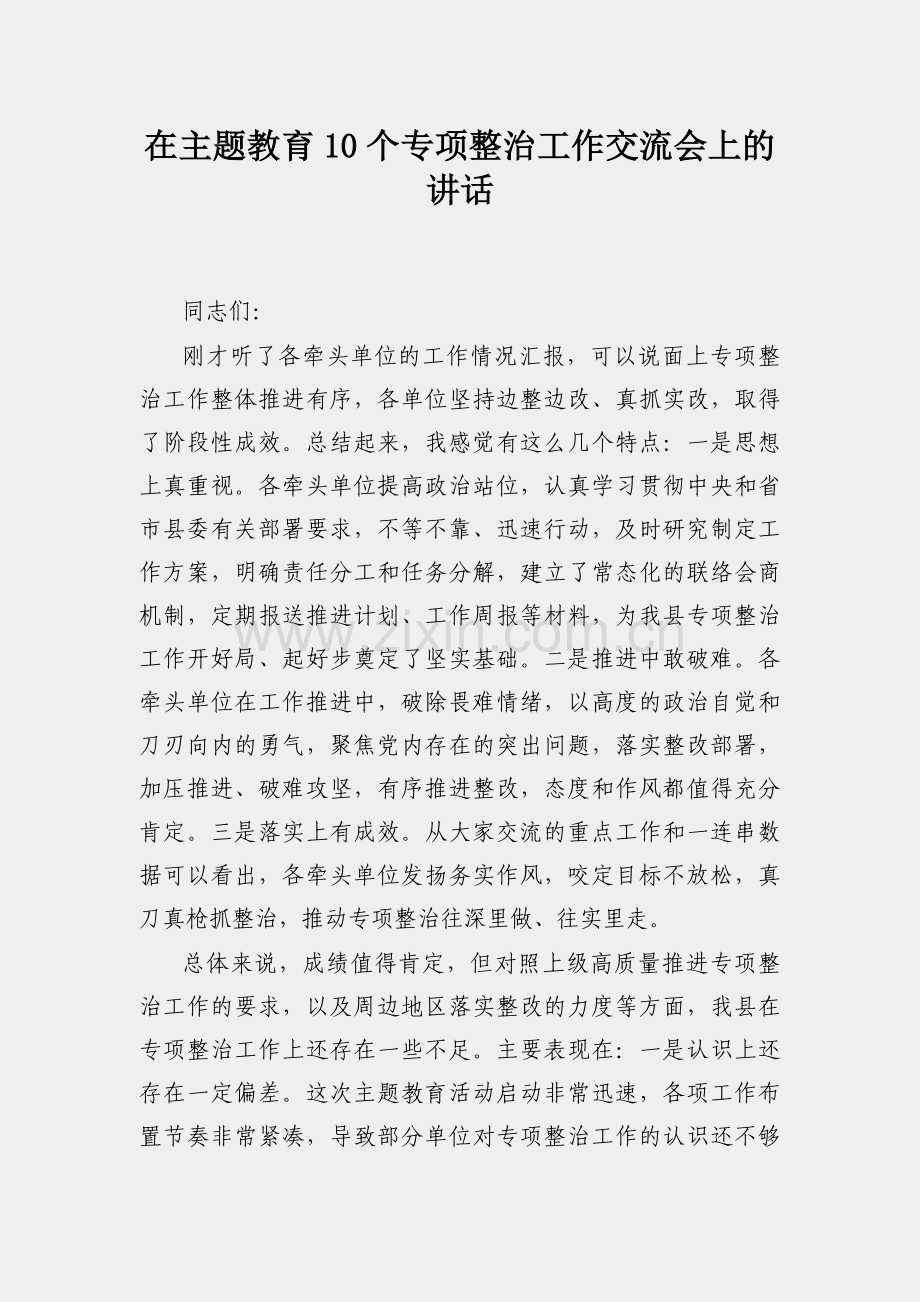 在主题教育10个专项整治工作交流会上的讲话.docx_第1页