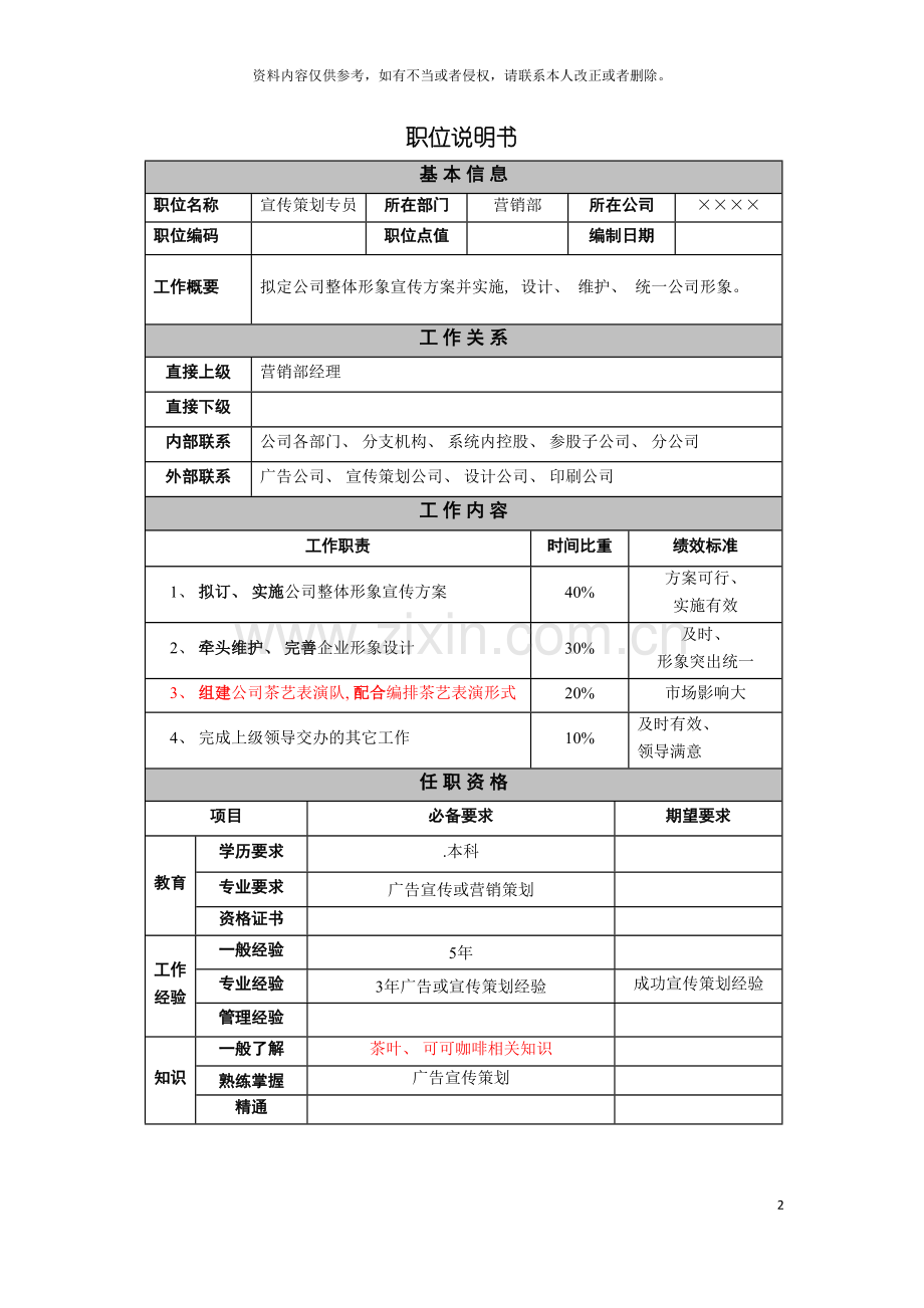 宣传策划专员职位说明书模板.doc_第2页