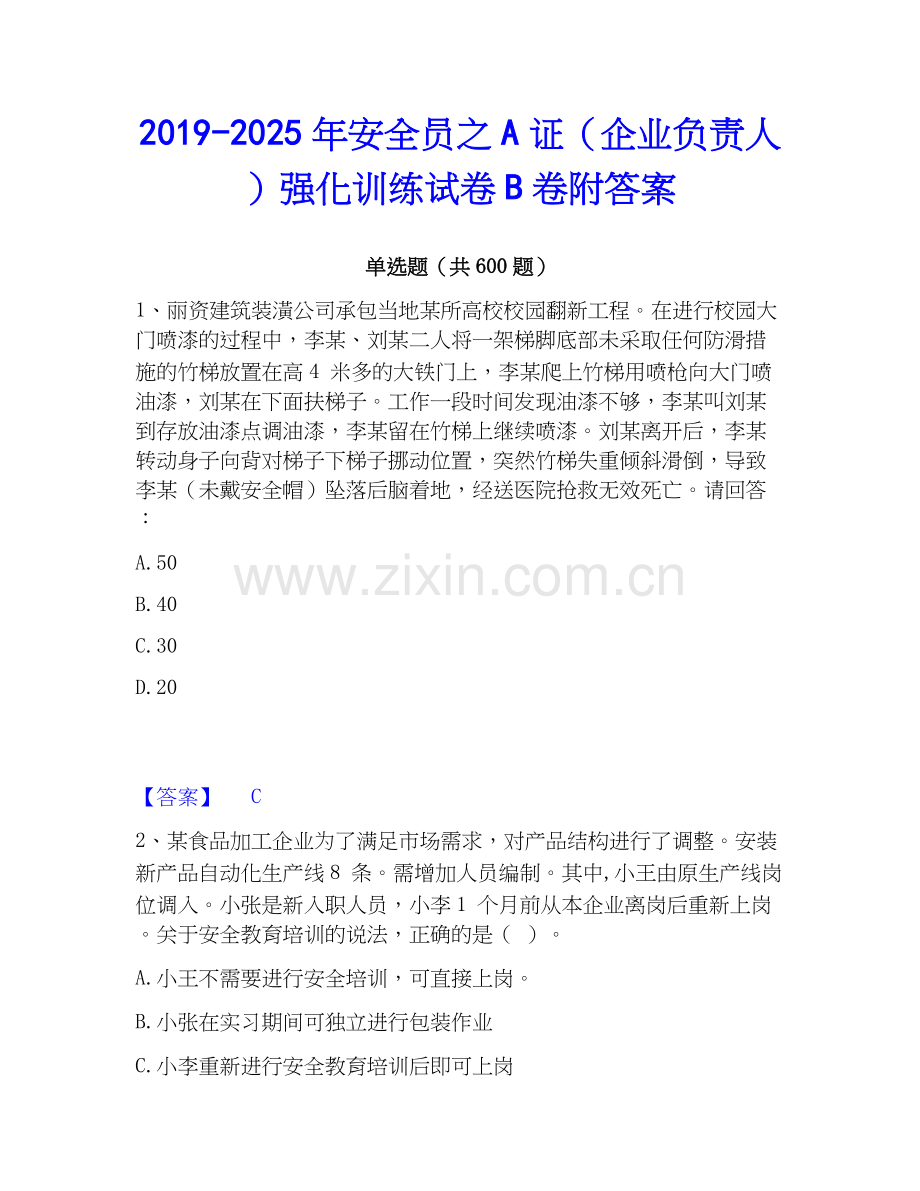 2019-2025年安全员之A证（企业负责人）强化训练试卷B卷附答案.docx_第1页