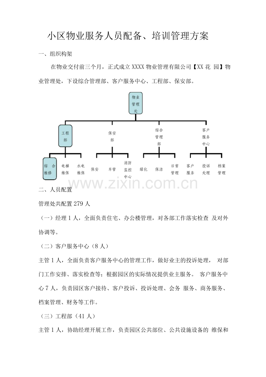 小区物业服务人员配备、培训管理方案.docx_第1页
