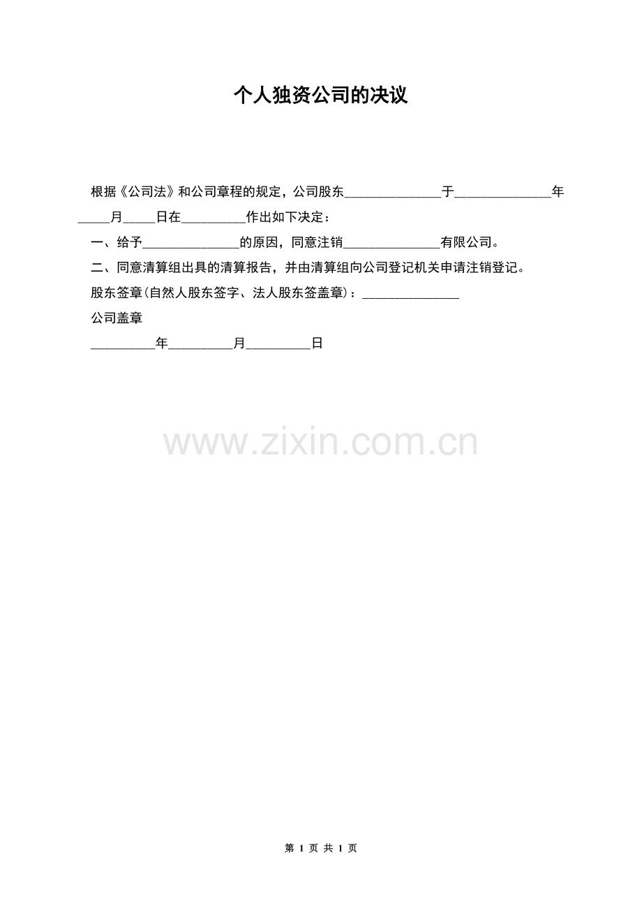 个人独资公司的决议.docx_第1页