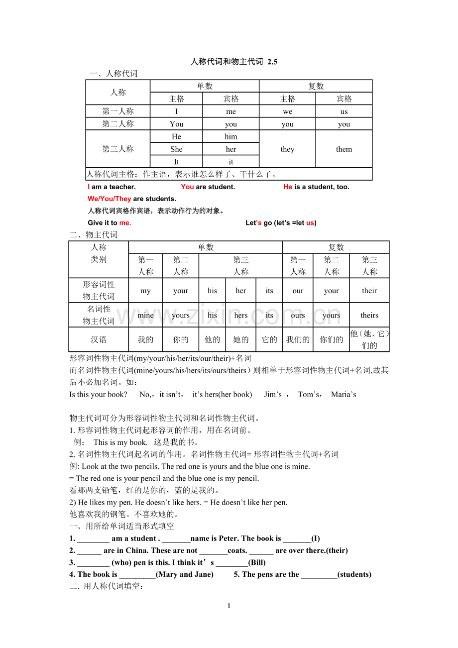 主格宾格、物主代词讲解及练习总结.doc_第1页