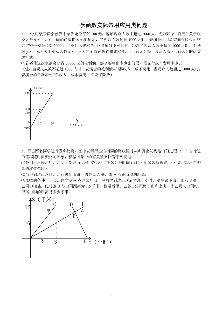 初中八年级一次函数实际常用的应用题.doc_第1页