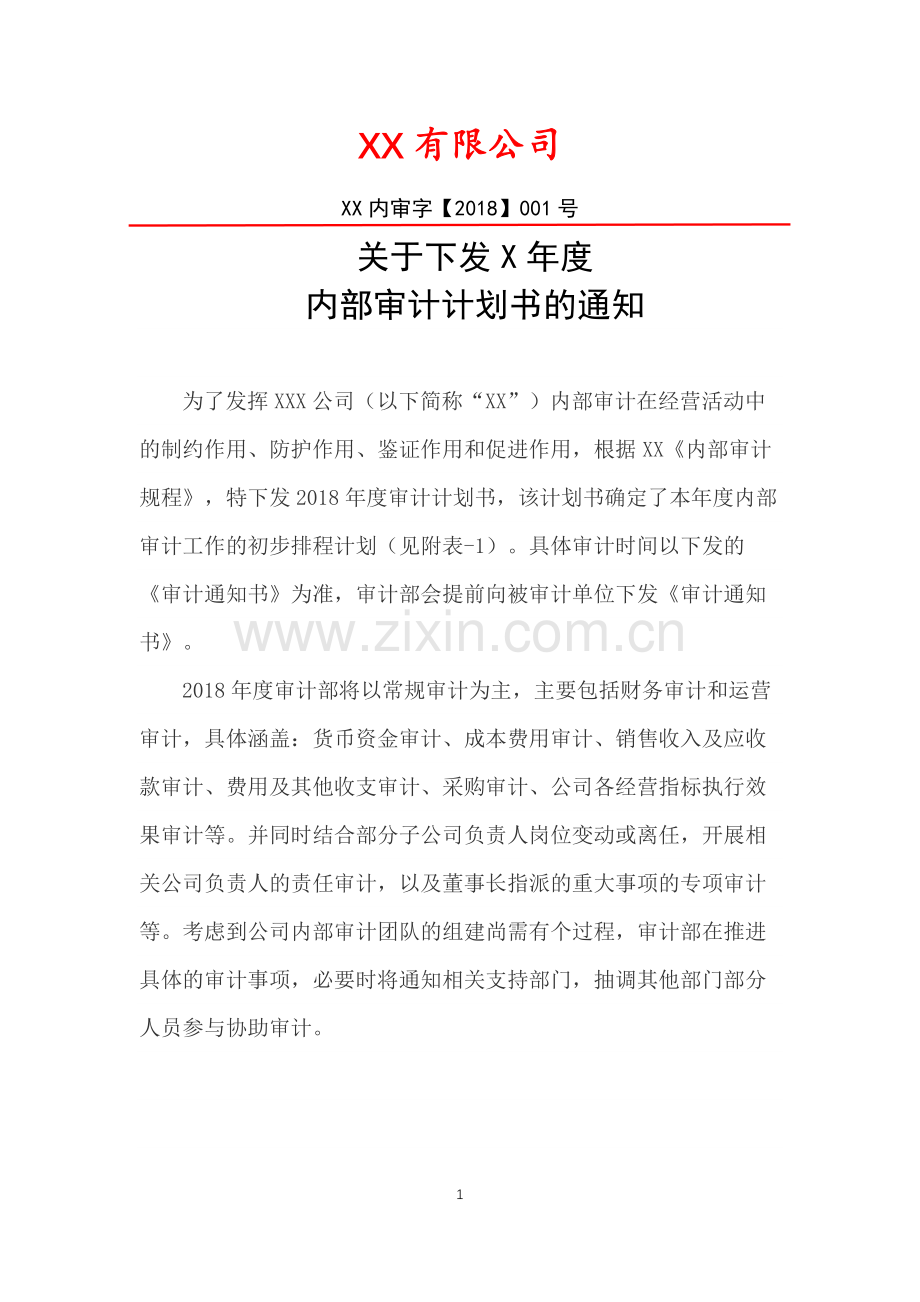 年度内部审计计划书模板.doc_第1页