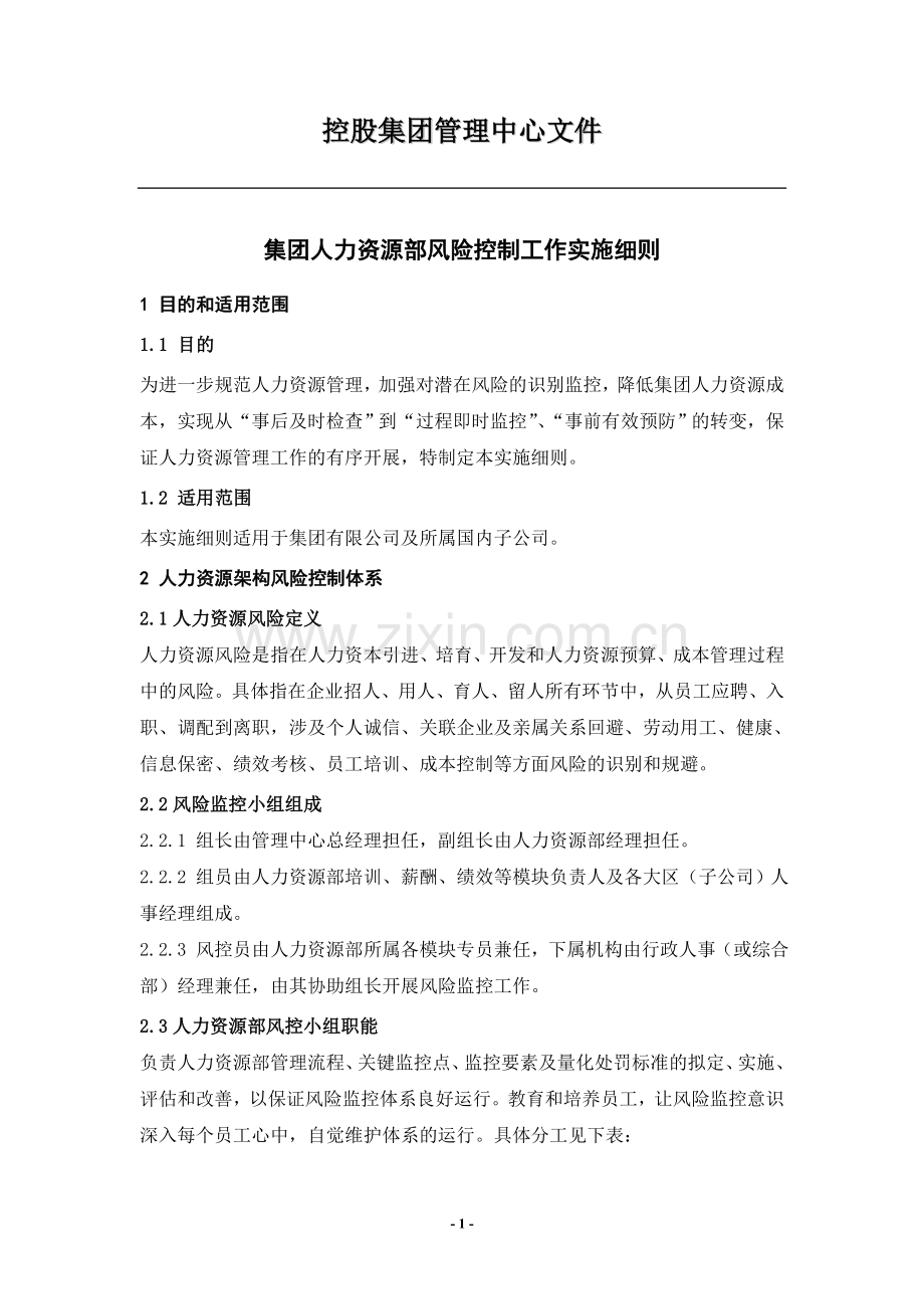 集团人力资源部风险控制工作实施细则.doc_第1页