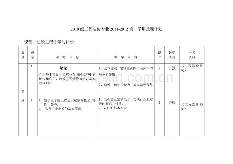 建设工程计量与计价授课计划.doc_第1页