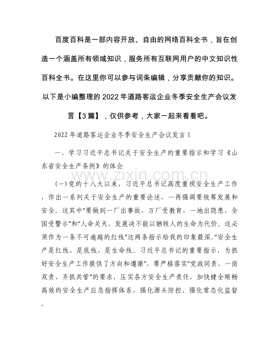 2022年道路客运企业冬季安全生产会议发言【3篇】.docx_第1页