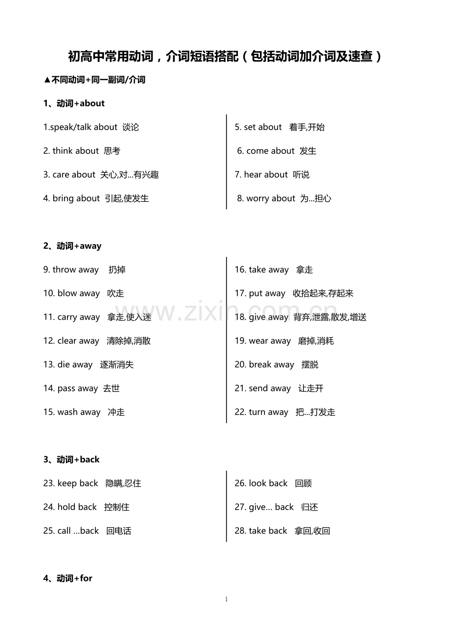 高中常用动词介词短语搭配(包括动词加介词及速查)高三英语.doc_第1页