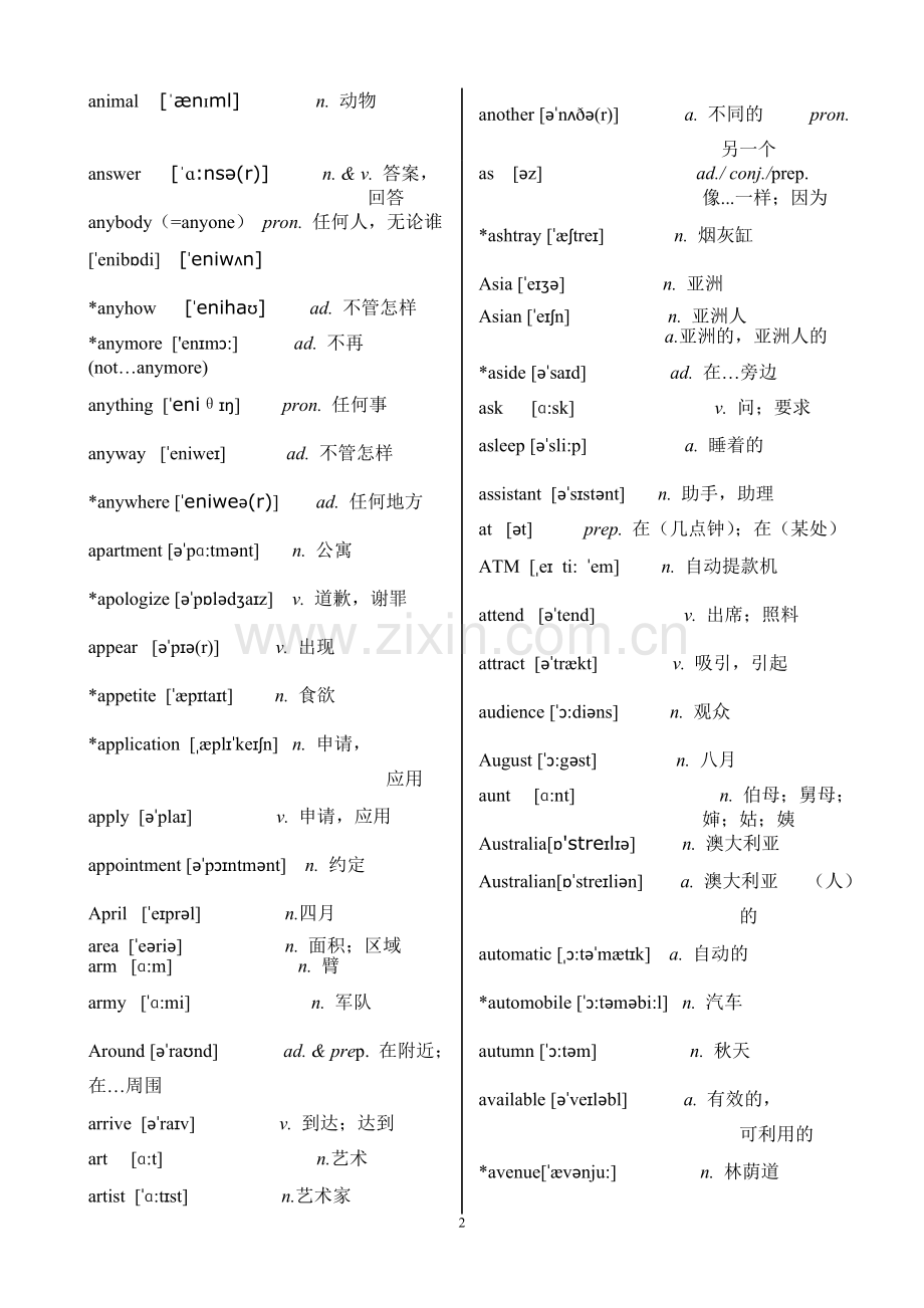 高职高专教育英语课程教学基本要求(试行)A级附表四(词汇表)加注音标.doc_第2页
