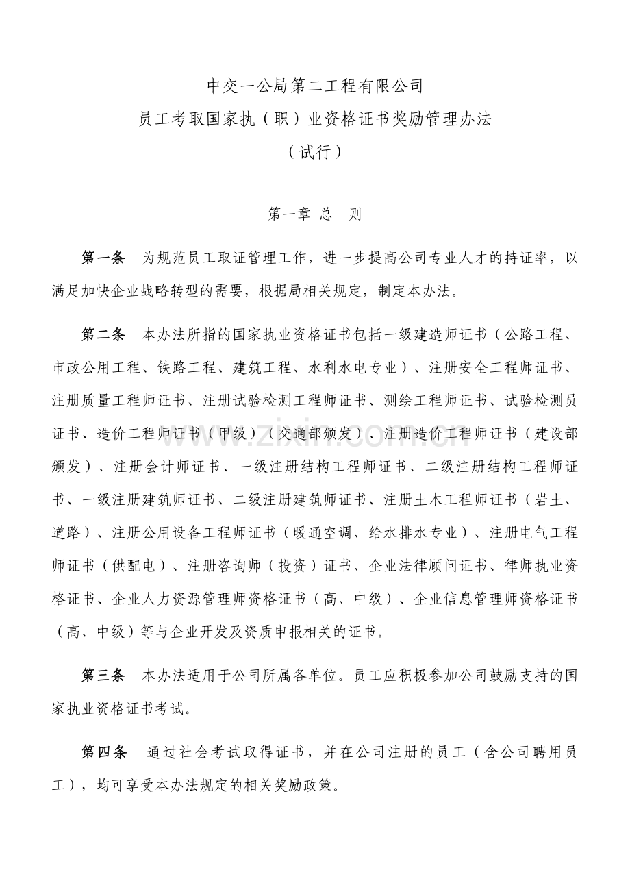 公司员工考取资格证书奖励管理办法(试行).doc_第1页