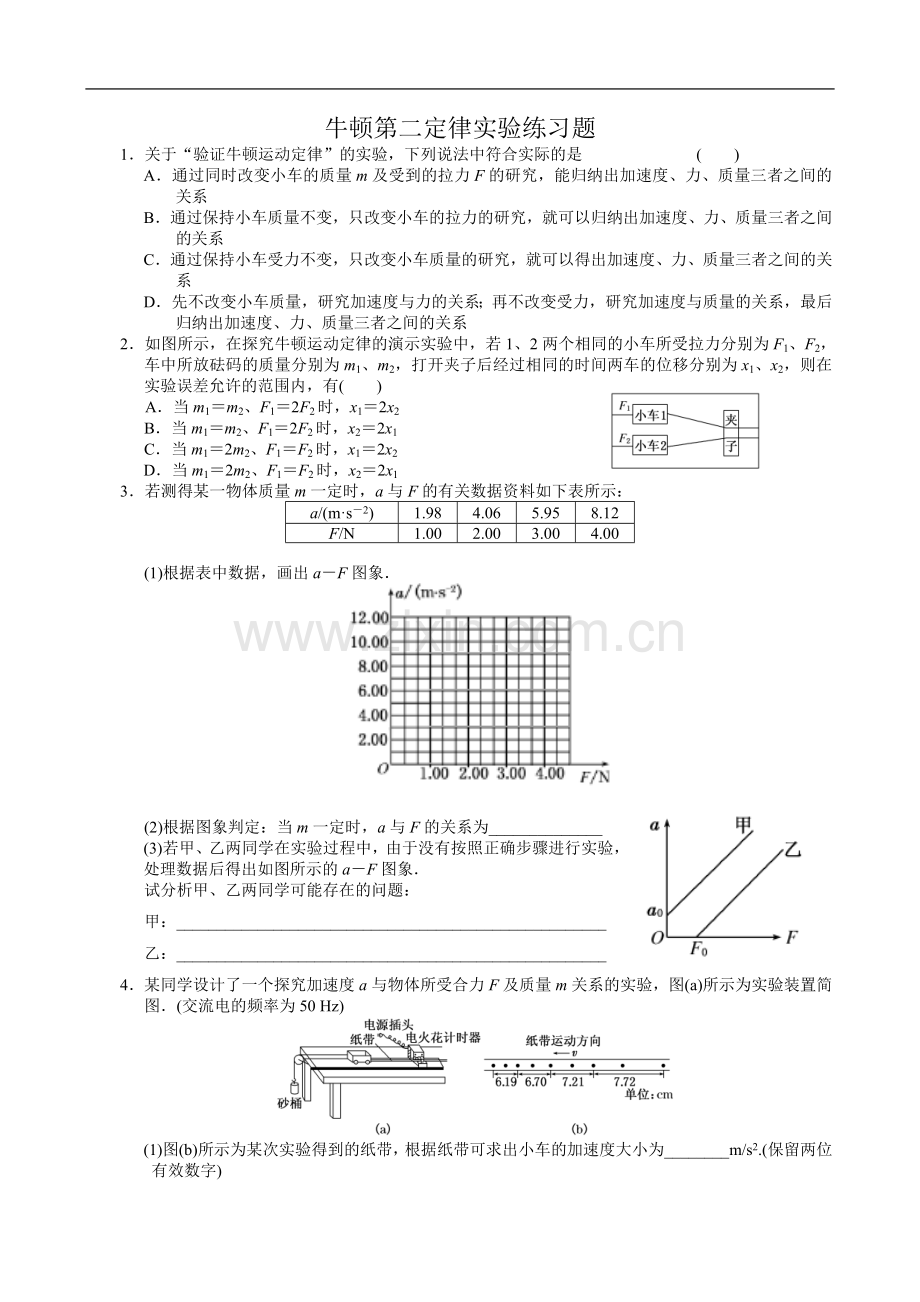牛顿第二定律实验练习题(含答案).doc_第1页