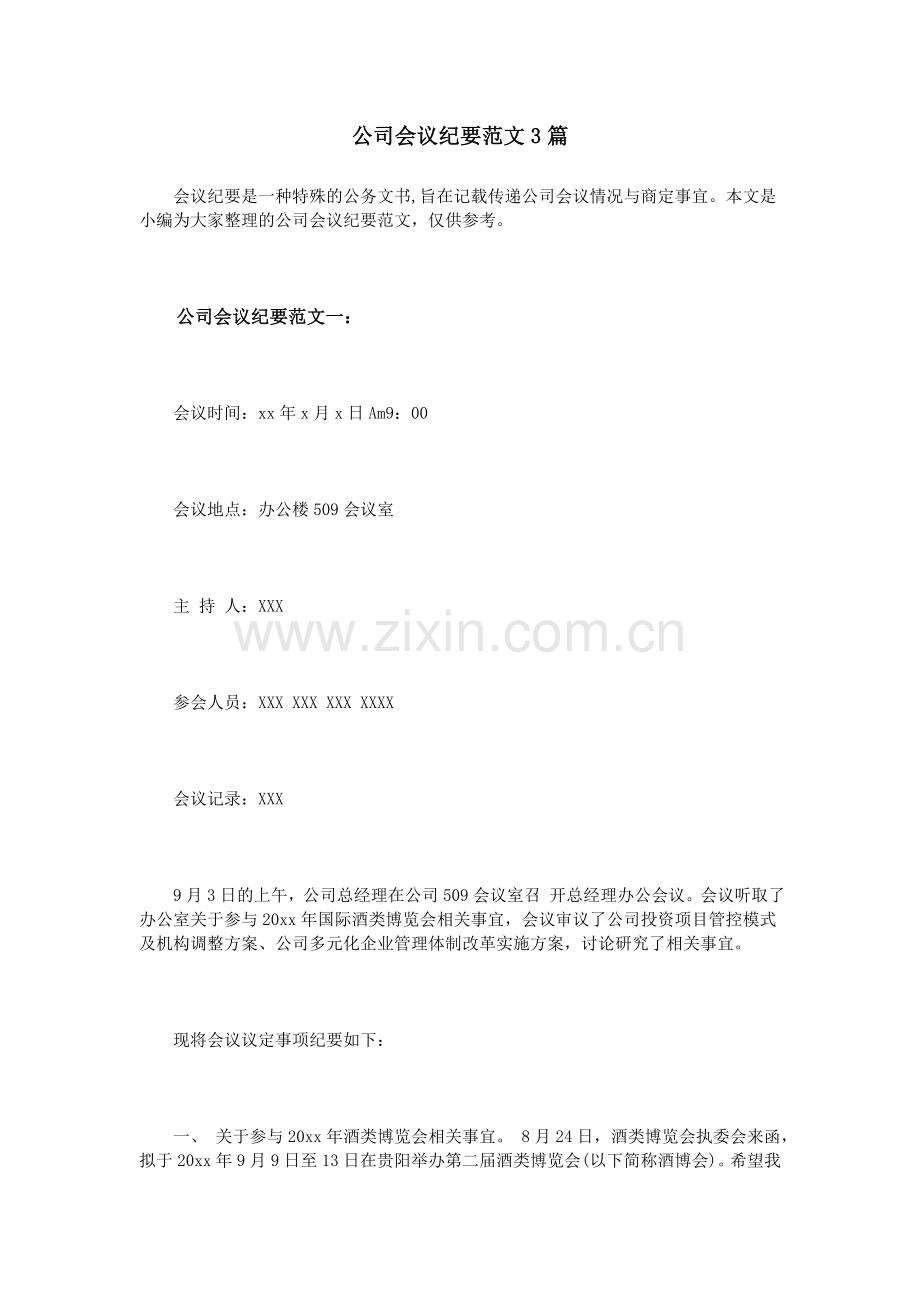 公司会议纪要范文3篇.doc_第1页