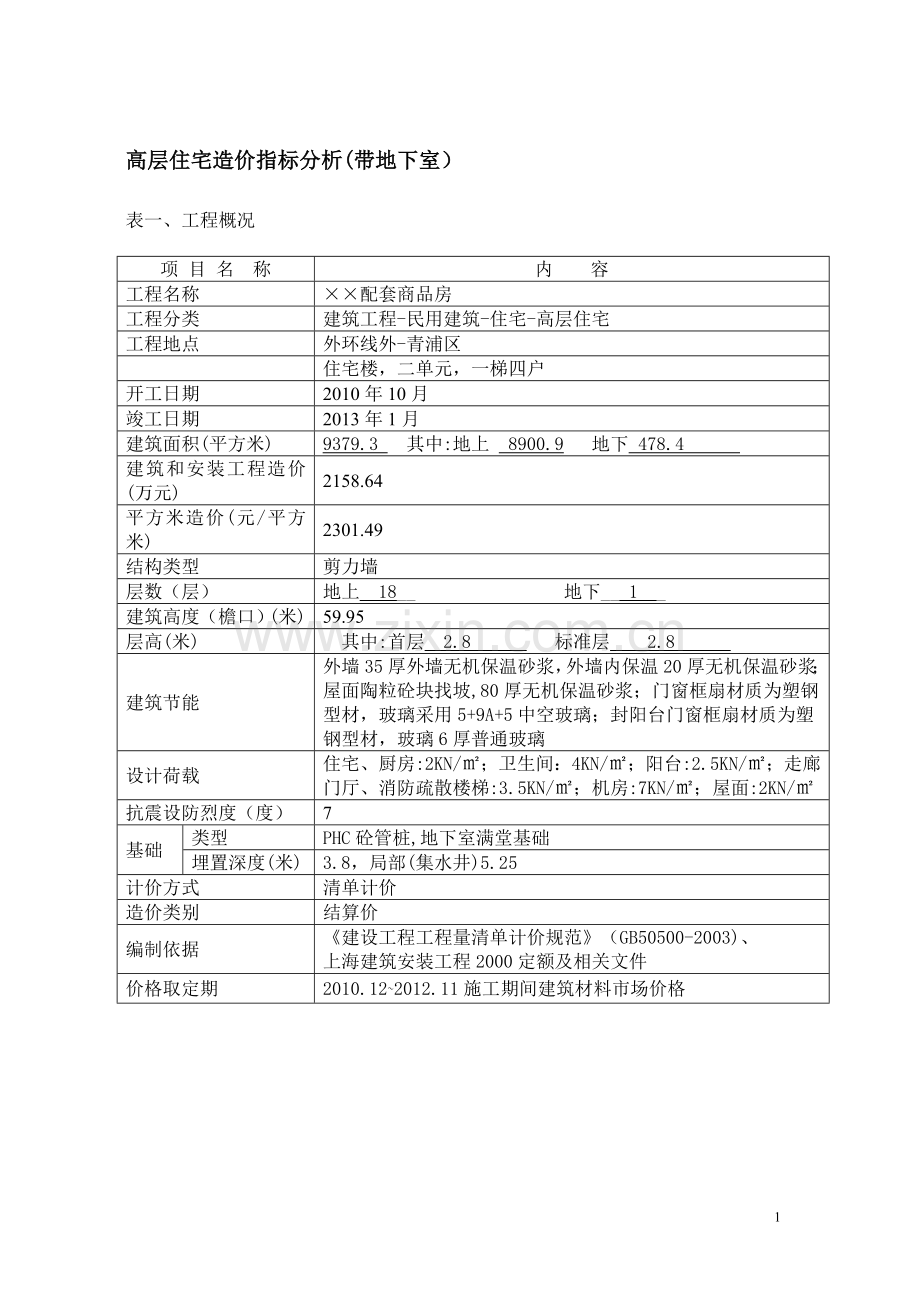 高层住宅造价指标分析(带地下室).doc_第1页